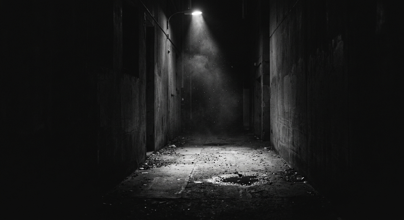 An empty, spotlit urban alley at night — the after-hours street the label belongs to.
